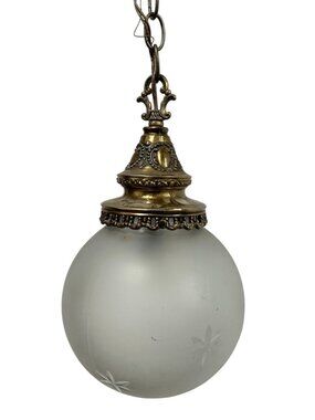 Antique Victorian Style Ornate Brass and Etched Glass Globe Wired Pendant Light